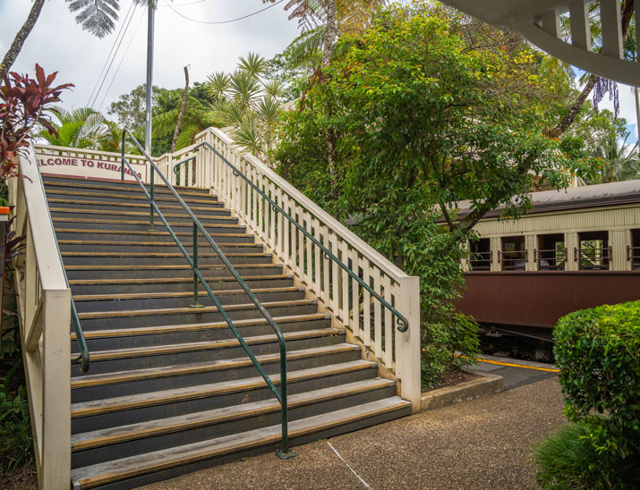 The flight of 31 stairs to access Kuranda railway station